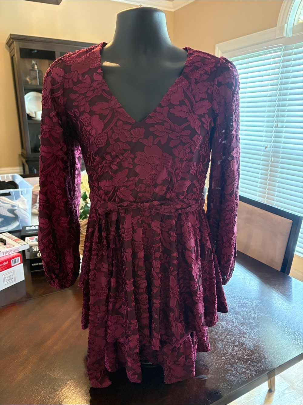 Women's Long Sleeve Lace Peplum Dress - Burgundy